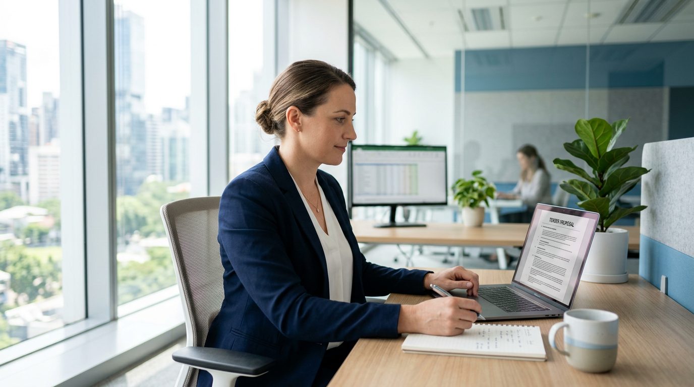 Consultant reviewing an AI-drafted tender proposal on a laptop in a modern office